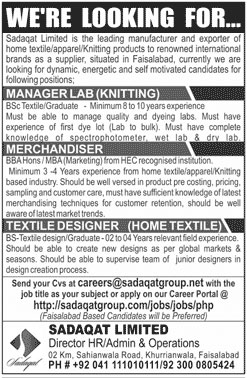 Jobs In Sadaqat Limited Faisalabad 22 December 2019