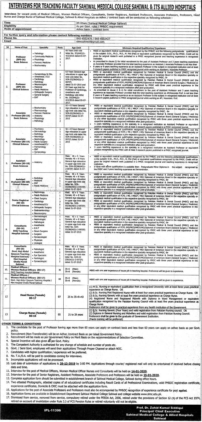 Jobs In Sahiwal Medical College And ITS Allied Hospital 09 December 2019
