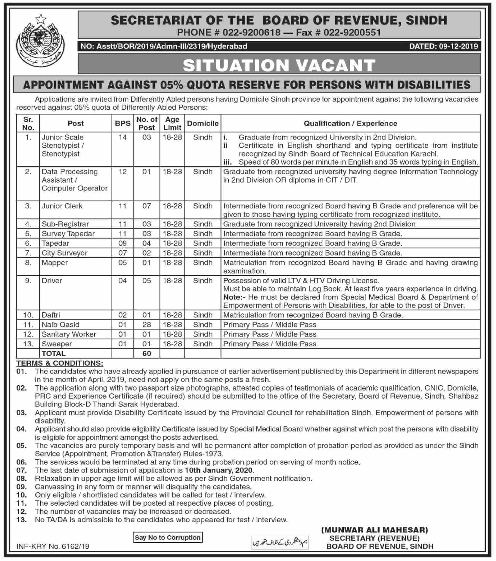 Jobs In Secretariat Of The Board Of Revenue Govt of Sindh 19 December 2019