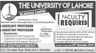Jobs In The University of Lahore (UOL) 15 December 2019