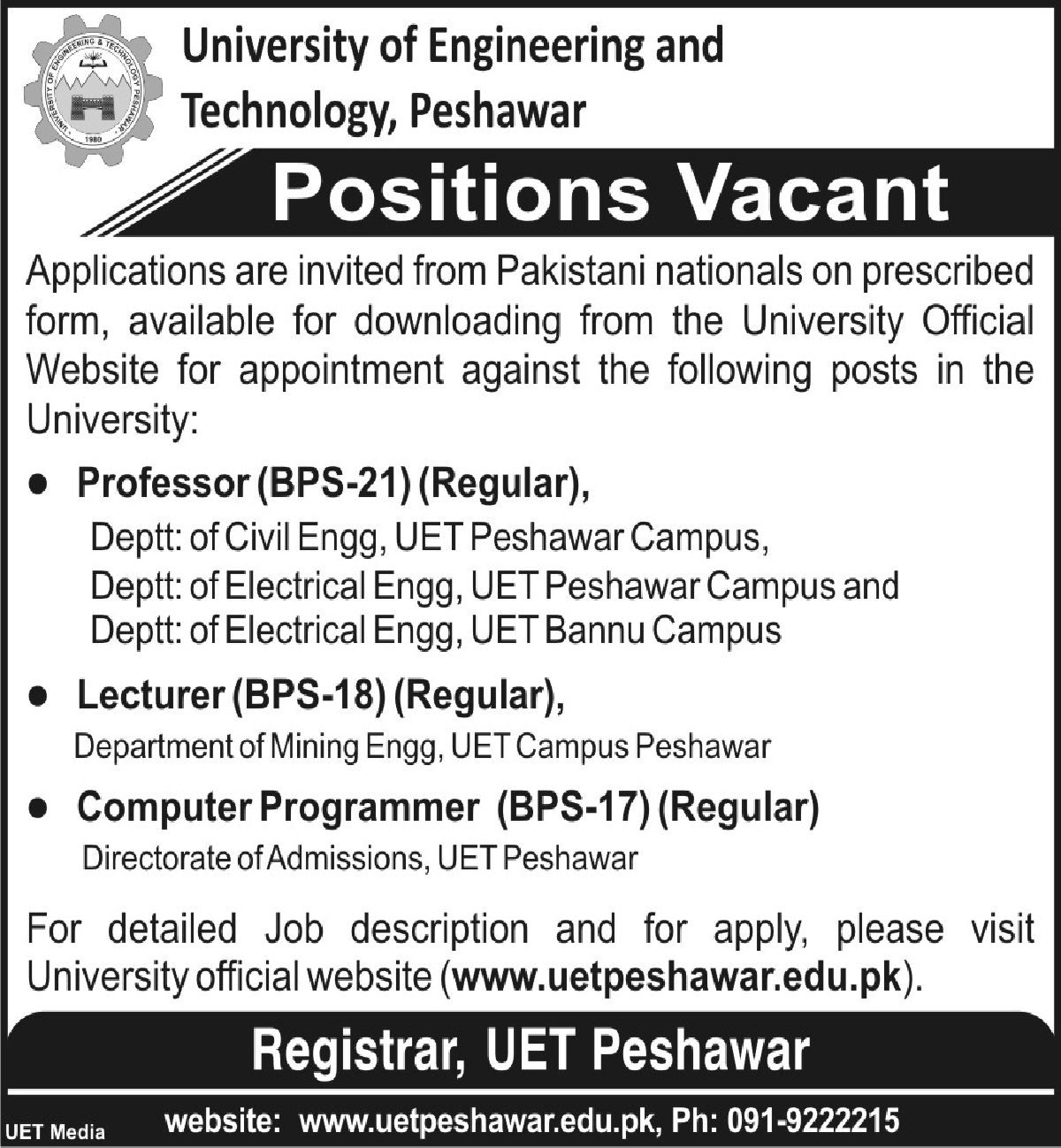 Jobs In University Of Engineering And Technology Peshawar 24 December 2019