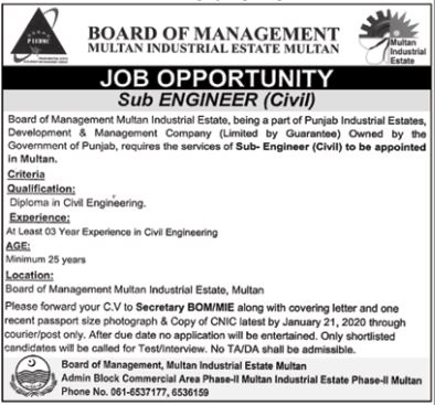 Jobs In Board of Management Multan Industrial Estate 14 January 2020