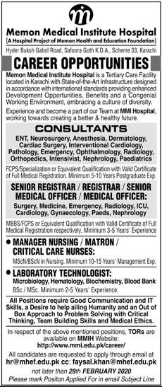 Jobs In Memon Medical Institute Hospital 16 February 2020