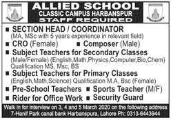 Staff Required In Allied School 23 February 2020