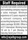 Sales Manager Required In A Real Estate Construction Company Rawalpindi 06 March 2020