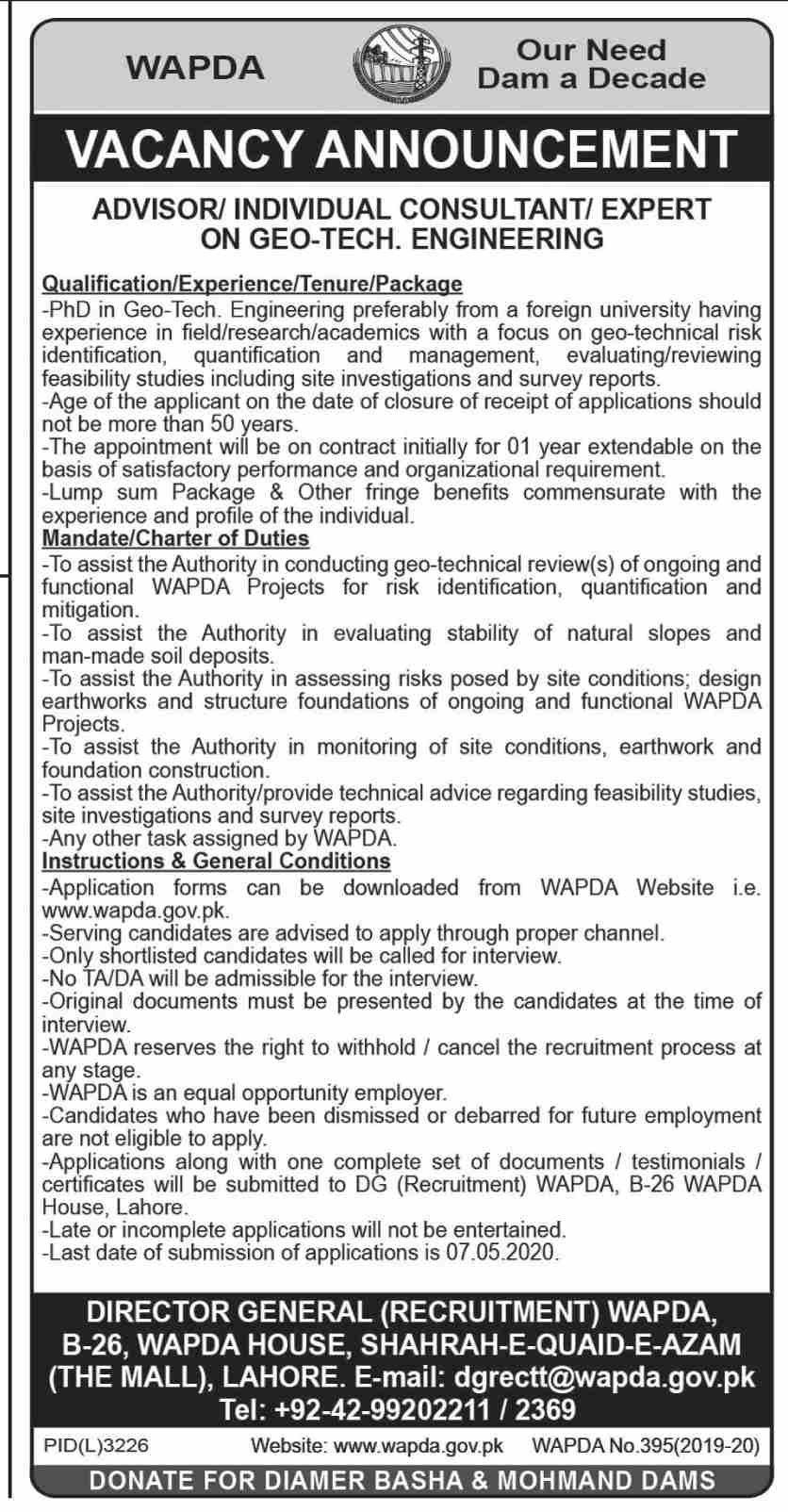 Jobs Announced In Water and Power Development Authority (WAPDA) 18 April 2020