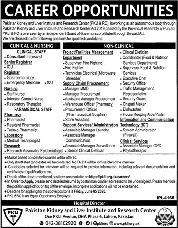 Jobs In Pakistan Kidney & Liver Institute and Research Center PKLI 22 May 2020