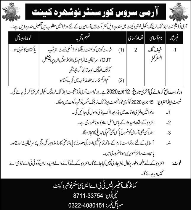 Jobs In Army Food And Cook Training School Nowshera Cantt 10 June 2020