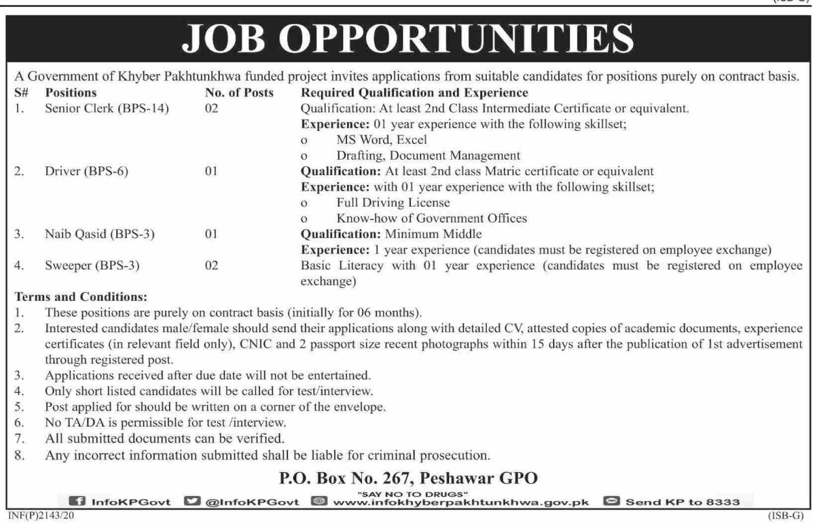 Govt of Khyber Pakhtunkhwa Funded Project 20 June 2020 Jobs