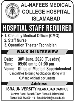 Hospital Staff Required In Al-Nafees Medical College Hospital Islamabad 28 June 2020