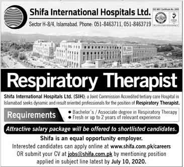 Jobs In Shifa International Hospital Limited 21 June 2020 are announced and 1 new vacancies are posted on June 21, 2020. Positions are available for the posts of Therapist.