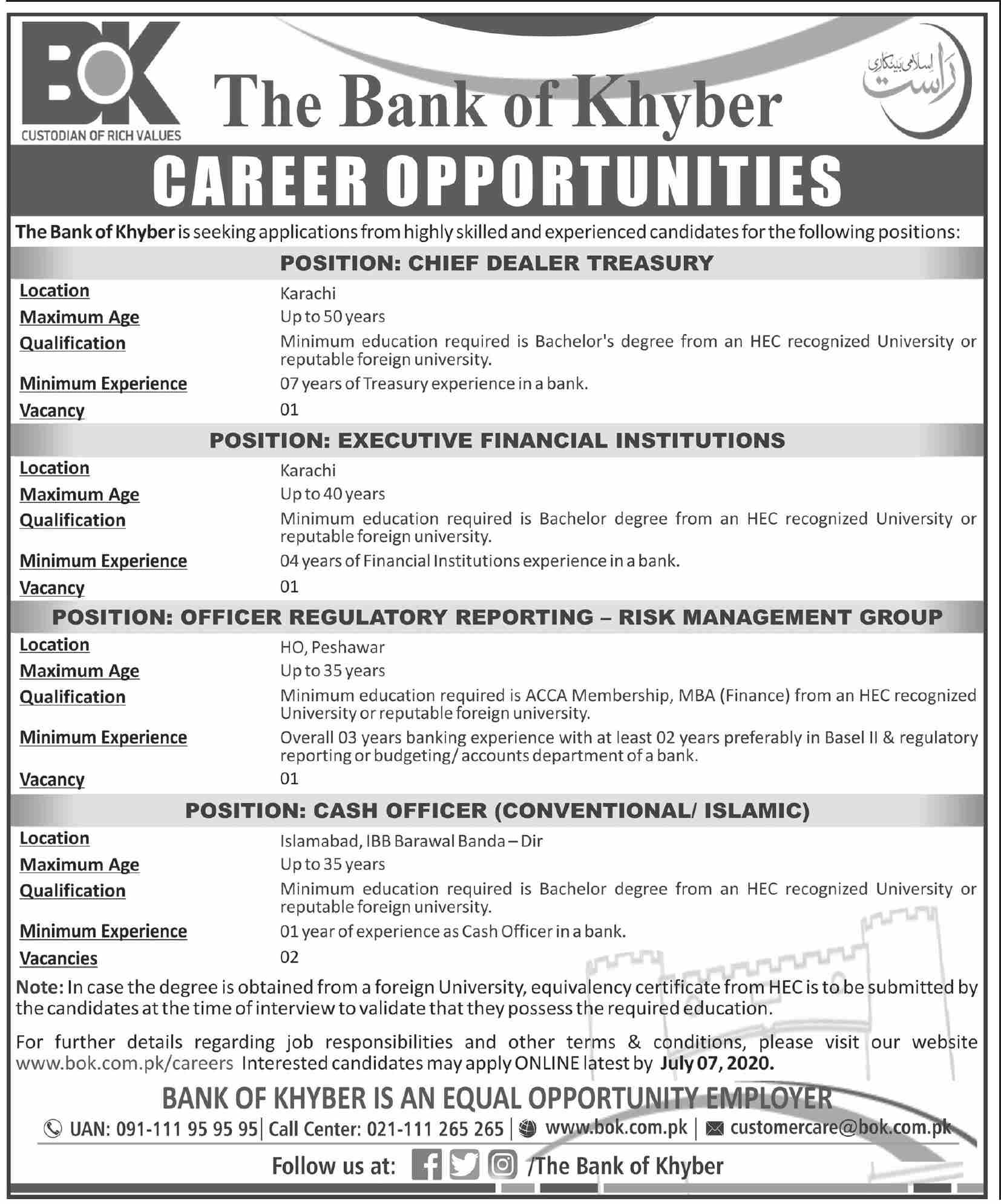 Jobs In The Bank of Khyber BOK 23 June 2020