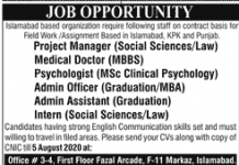 Admin Officer Islamabad Based Organization Jobs July 30, 2020