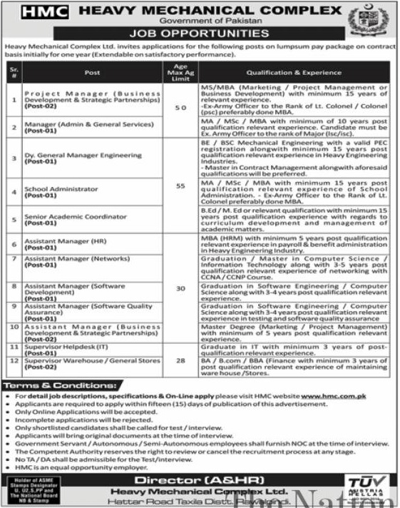 Assistant Manager HR Heavy Medical Complex Limited Jobs August 09, 2020