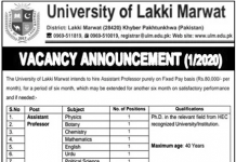 Assistant Professor University of Lakki Marwat Jobs August 10, 2020