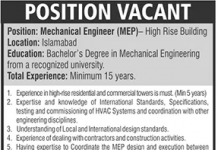Mechanical Engineer High Rise Building Islamabad Jobs August 18, 2020