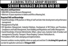 Senior Manager Admin and HR A Leading Textile Group Jobs August 05, 2020