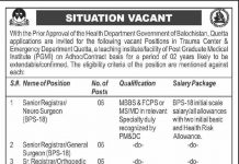 Senior Registrar Managing Director Trauma Center and Emergency Department Quetta Jobs August 27, 2020