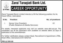 Senior Vice President Zarai Taraqiati Bank Limited Jobs August 04, 2020