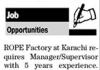 Supervisor Rope Factory at Karachi Jobs August 06, 2020