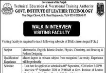 Visiting Faculty Government Institute of Leather Technology Gujranwala Jobs August 26, 2020