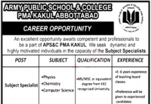 Jobs in APS&C PMA Kakul Abbottabad Subject Specialist 04 September, 2020 for