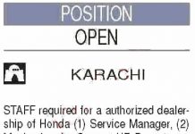 Jobs in Service Manager & Mechanic in Honda United 19 September, 2020
