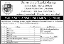 Jobs in University of Lakki Marwat Campus for Professors 29 September, 2020