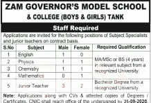 Jobs in Zam Governors Model School & College Tank 11 September, 2020
