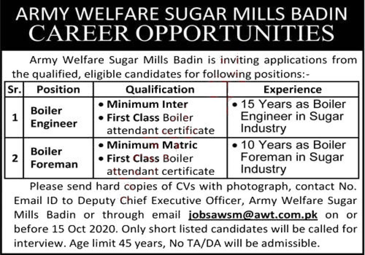 Jobs in Army Welfare Sugar Mills AWT Badin for Engineer 20 October ...