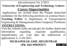 Jobs in University of Engineering and Technology UET Lahore