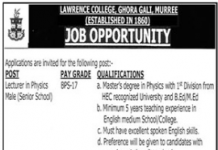 Jobs in Lawrence College Ghora Gali Murree 2021