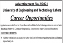 Jobs in University of Engineering & Technology UET in Lahore 2021