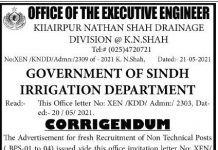 Jobs in Office Of The Executive Engineer Tubwells Division Naushahro Feroze 2021