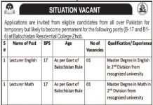 Jobs in Balochistan Residential College in Zhob Balochistan 2021