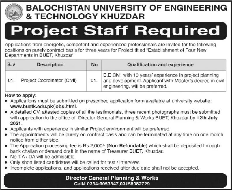 Balochistan University of Engineering & Technology Job 2021 For Project Coordinator Civil
