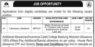 Pak Army Cadet College Mastung Job 2021 For Laboratory Assistant