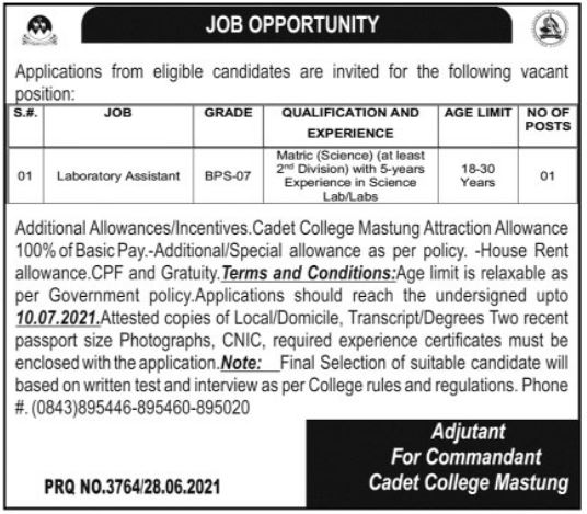 Pak Army Cadet College Mastung Job 2021 For Laboratory Assistant