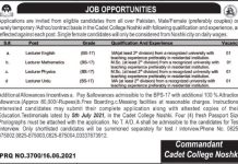 Jobs in Pak Army Cadet College Noshki For Teaching Staff 2021