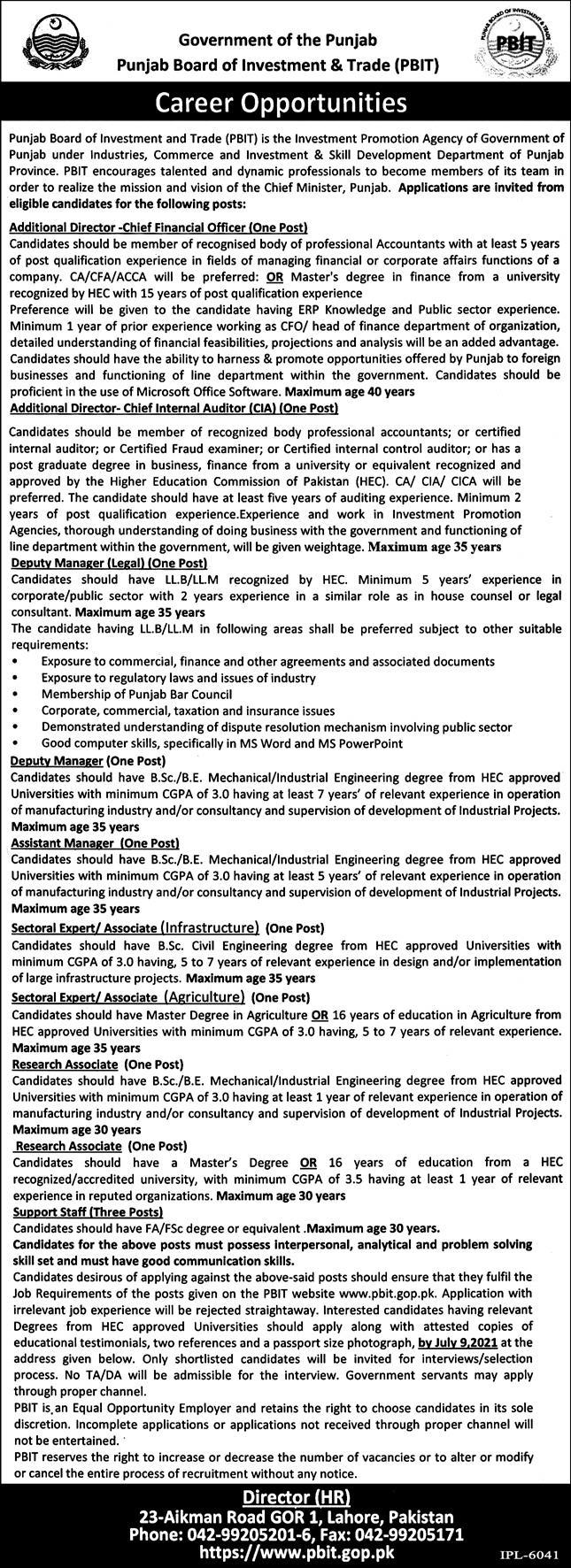 Punjab Board of Investment and Trade PBIT Lahore Jobs 2021