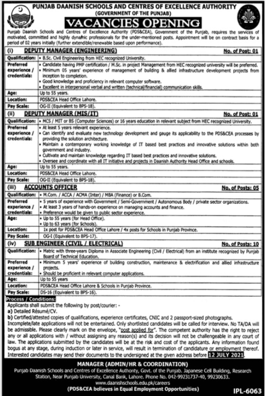 Punjab Daanish Schools & Centres Of Excellence Authority Jobs 2021 In Lahore