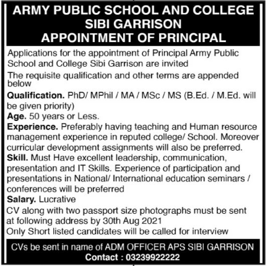 Army Public School & College Job 2021 For Principal