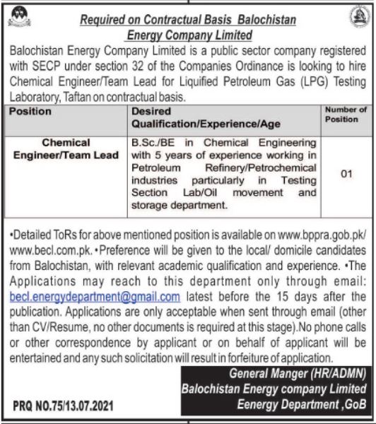 Balochistan Energy Company Limited BECL Job 2021