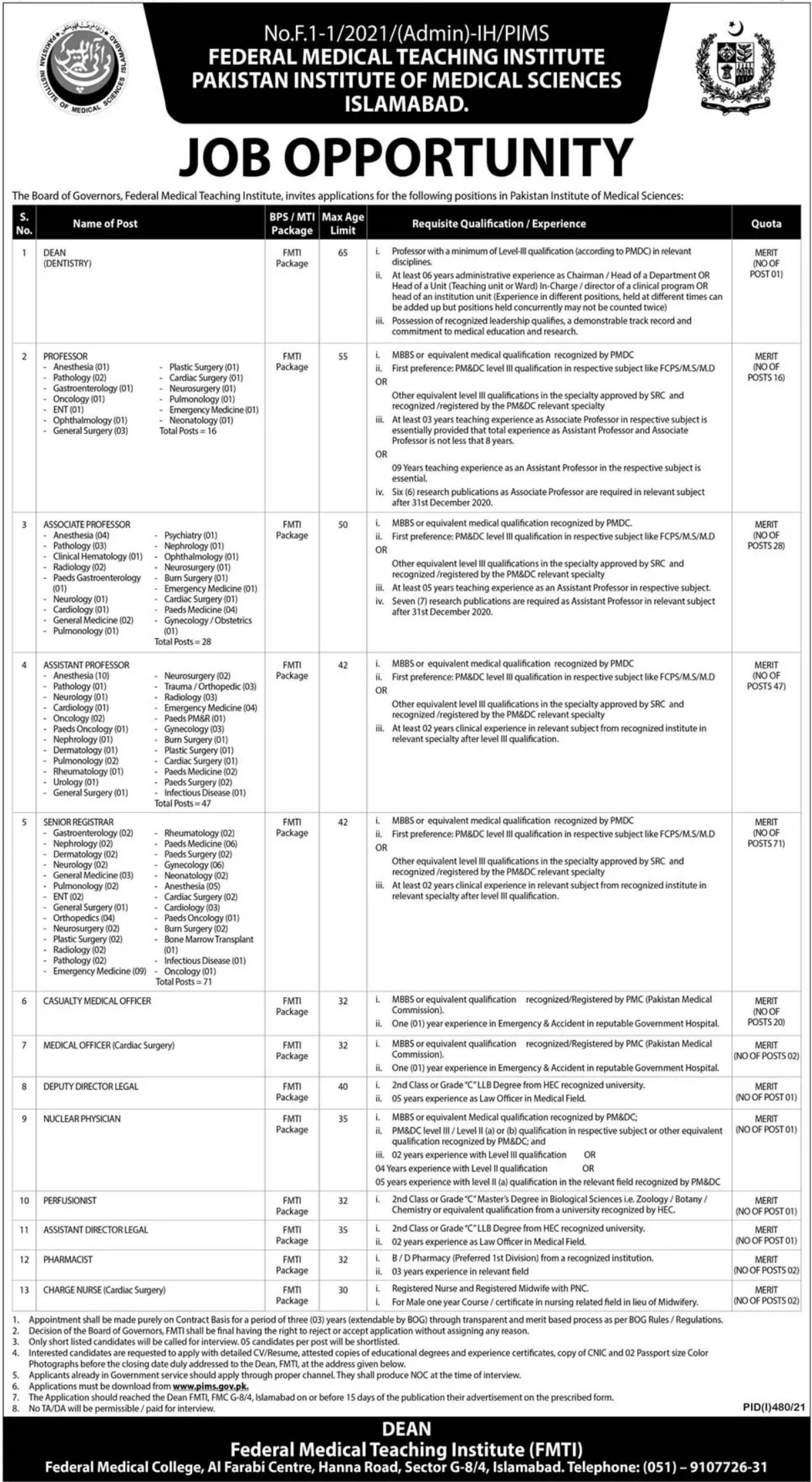 Federal Medical Teaching Institute FMTI Jobs 2021 For Medical Staff In Islamabad