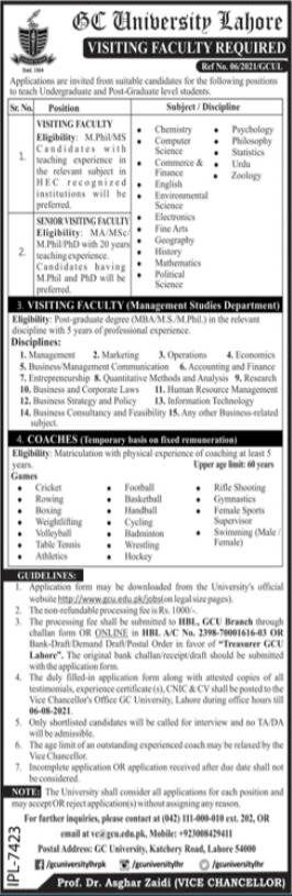 GC University Lahore Visiting Faculty Jobs 2021
