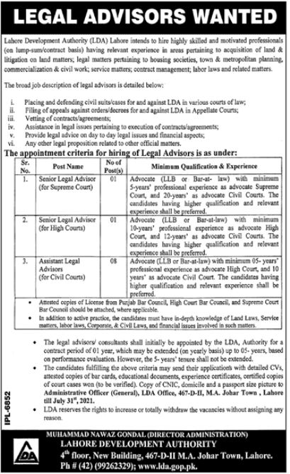 Lahore Development Authority LDA Jobs 2021 For Legal Advisors
