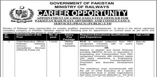 Ministry of Railways Job 2021 For Chief Executive Officer CEO