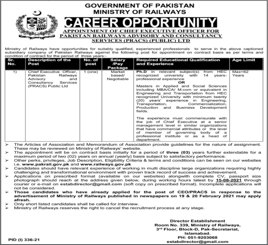 Ministry of Railways Job 2021 For Chief Executive Officer CEO