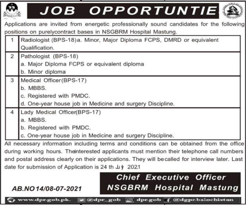 Nawab Shaheed Ghous Bakhsh Raisani Memorial Hospital Mastung Jobs 2021