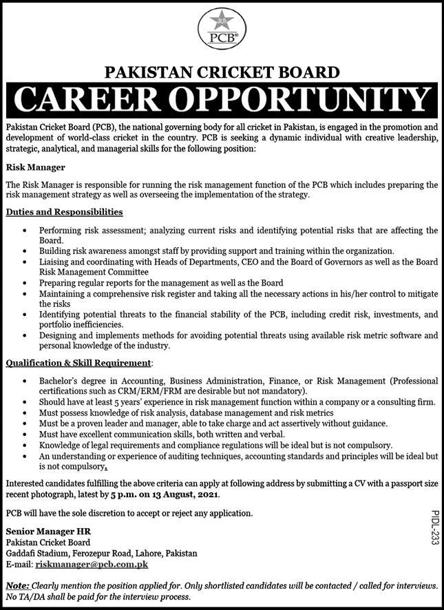 Pakistan Cricket Board PCB Job 2021 For Risk Manager